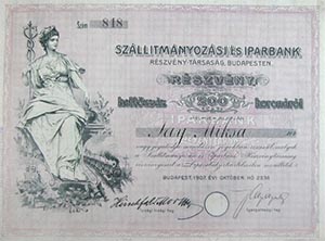 Szállítmányozási és Iparbank Részvénytársaság részvény 200 korona 1907