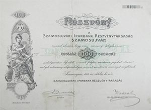 Szamosújvári Iparbank Részvénytársaság részvény 100 korona 1910