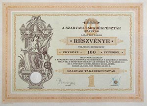 Szarvasi Takarékpénztár Részvénytársaság részvény 100 pengő 1930 Szarvas