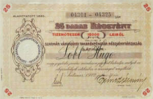 Szatmár Vármegyei Takarékpénztár Részvénytársaság részvény 25x600 lei 1922