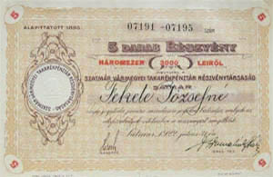 Szatmár Vármegyei Takarékpénztár Részvénytársaság részvény 5x600 lei 1922