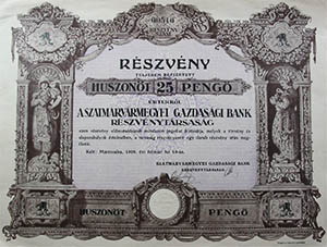 Szatmárvármegyei Gazdasági Bank Részvénytársaság  részvény 25 pengő 1926 Mátészalka