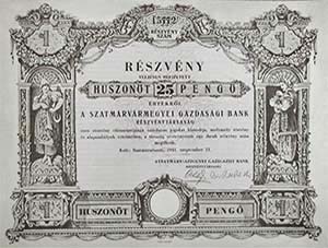 Szatmárvármegyei Gazdasági Bank Részvénytársaság  részvény 25 pengő 1941 Szatmárnémeti