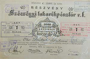 Szécsényi Takarékpénztár Részvénytársaság részvény 2000 korona 1923 Szécsény