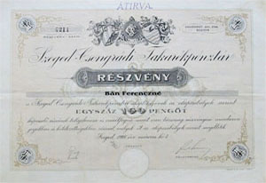 Szeged-Csongrádi Takarékpénztár Részvénytársaság részvény 100 pengő 1928