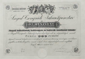 Szeged-Csongrádi Takarékpénztár Részvénytársaság részvény 500 pengő 1928