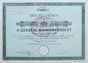 Szegedi Bankegyesület Részvénytársaság részvény 3000 korona 1923