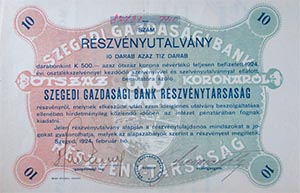 Szegedi Gazdasági Bank Részvénytársaság részvényutalvány 10x500 korona 1924 Szeged