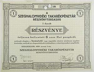Szeghalomvidéki Takarékpénztár Részvénytársaság  részvlny 6 pengő 1929 Szeghalom