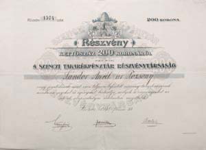 Szenczi Takarékpénztár Részvénytársaság részvény 200 korona 1918