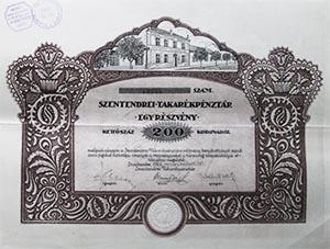 Szentendrei Takarékpénztár Részvénytársaság részvény 200 korona 1922 Szentendre