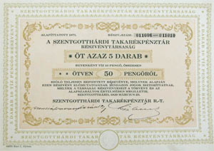 Szentgotthárdi Takarékpénztár Részvénytársaság részvény 5x10 50 pengő 1929 Szentgotthárd