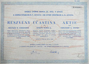 Szepesi Hitelbank Részvénytársaság részvény 400 szlovák korona 1940 Lőcse