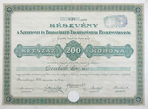 Szerednyei és Beregsárréti Takarékpénztár Részvénytársaság részvény 200 korona 1911 Szerednye