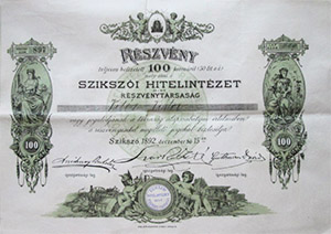 Szikszói Hitelintézet mint Részvénytársaság részvény 100 korona 1892 Szikszó