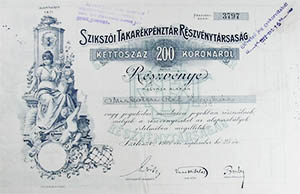 Szikszói Takarékpénztár Részvénytársaság részvény 200 korona 1921 Szikszó