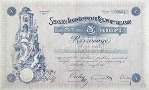 Szikszói Takarékpénztár Részvénytársaság részvény 5 pengő 1928 Szikszó