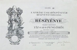 Sziráki Takarékpénztár Részvénytársaság részvény 10 pengő 1927