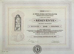 Szolnoki Hitelbank Részvénytársaság  részvény 100 pengő 1929 Szolnok