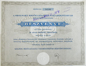 Szolnoki Mezőgazdasági Takarékpénztár Részvénytársaság  részvény 15 pengő 1926 Szolnok