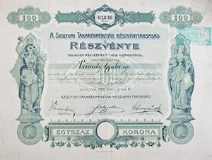 Szolyvai Takarékpénztár Részvénytársaság  részvény 100 korona 1911 Szolyva