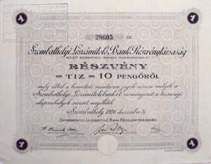 Szombathelyi Laszámitoló Bank Részvénytársaság részvény 10 pengő 1926
