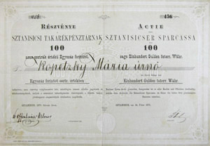 Sztanisicsi Takarékpénztár Részvénytársaság 100 forint 1875 Sztanisics