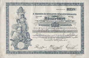 Takarék- és Hitelbank Részvénytársaság Cservenka részvény 100 korona 1908
