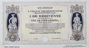 Tállyai Takarékpénztár Részvénytársaság részvény 10 pengő 1926 Tállya