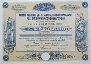 Tamási Takarék- és Hitelbank Részvénytársaság részvény 5x50 250 pengő 1941