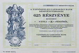 Tápiószelei Gazdasági Bank Részvénytársaság 625x8 pengő 1926