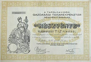 Tapolcavidéki Gazdasági Takarékpénztár Részvénytársaság részvény 10 pengő 1926 Tapolca
