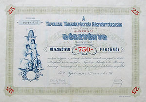 Tapolczai Takarékpénztár Részvénytársaság részvény 25x30 750 pengő 1927 Tapolca
