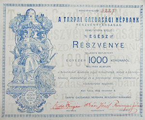 Tarpai Gazdasági Népbank Részvénytársaság részvény 1000 korona 1923