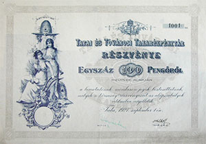 Tatai és Tóvárosi Takarékpénztár Részvénytársaság részvény 100 pengő 1927 Tata