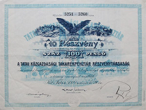 Tatai Közgazdasági Takarékpénztár Részvénytársaság részvény 100 pengő 1926