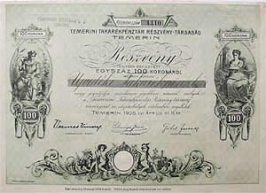 Temerini Takarékpénzár Részvénytársaság részvény 100 korona 1908