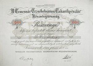 Temesvár Erzsébetvárosi Takarékpénztár Részvénytársaság részvény 500 korona 1911