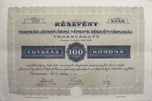 Temesvár-Józsefvárosi Népbank Részvénytársaság részvény 100 korona 1914