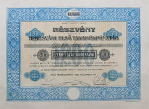 Temesvári Első Takarékpénztár Részvénytársaság részvény 1200 korona 1920