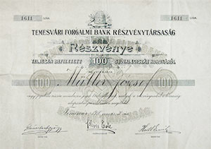 Temesvári Forgalmi Bank Részvénytársaság részvény 100 korona 1910 Temesvár