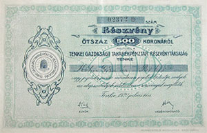 Tenkei Gazdasági Takarékpénztár Részvénytársaság részvény 500 korona 1920 Tenke