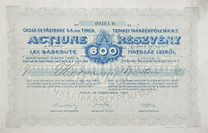 Tenkei Takarékpénztár Részvénytársaság részvény 600 lei 1927 Tenke
