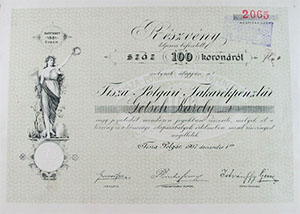 Tisza-polgári Takarékpénztár Részvénytársaság részvény 100 korona 1907