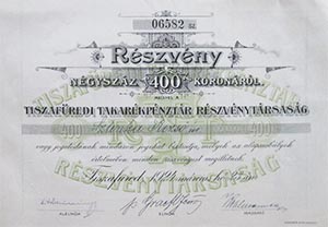 Tisza-füredi Takarékpénztár Részvénytársaság részvény 400 korona 1924