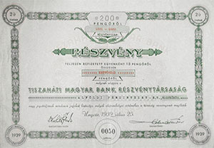Tiszaháti Magyar Bank Részvénytársaság részvény 20x10 200 pengő 1939 Ungvár
