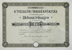 Tiszalöki Takarékpénztár részvény 15 pengő 1926