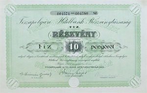 Tiszapolgári Hitelbank Részvénytársaság részvény 10x10 100 pengő 1927