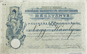 Tiszaujlaki Takarékpénztár Részvénytársaság részvény 400 korona 1910 Tiszaujlak