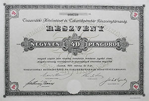 Tiszavidéki Hitelintézet és Takarékpénztár Részvénytársaság  részvény 40 pengő 1926 Szolnok